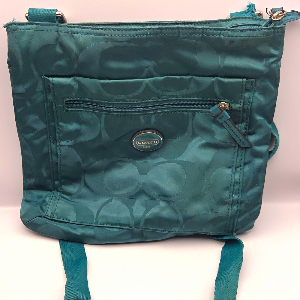 Coach Teal Signature Logo Crossbody Bag Zip, Adjustable Strap, Pockets